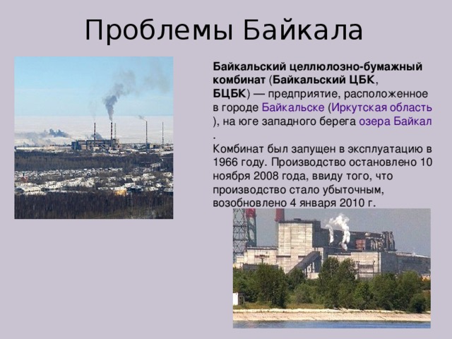 Проблемы Байкала Байкальский целлюлозно-бумажный комбинат ( Байкальский ЦБК , БЦБК ) — предприятие, расположенное в городе Байкальске ( Иркутская область ), на юге западного берега озера Байкал . Комбинат был запущен в эксплуатацию в 1966 году. Производство остановлено 10 ноября 2008 года, ввиду того, что производство стало убыточным, возобновлено 4 января 2010 г. 