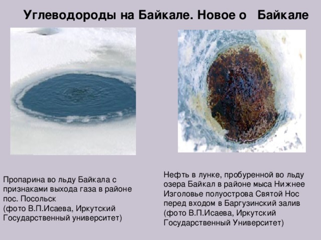 Углеводороды на Байкале. Новое о Байкале Нефть в лунке, пробуренной во льду озера Байкал в районе мыса Нижнее Изголовье полуострова Святой Нос перед входом в Баргузинский залив  (фото В.П.Исаева, Иркутский Государственный Университет) Пропарина во льду Байкала с признаками выхода газа в районе пос. Посольск  (фото В.П.Исаева, Иркутский Государственный университет) 