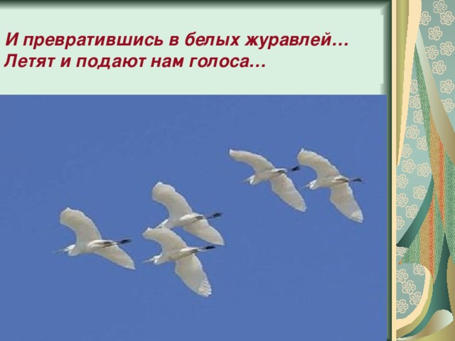 И превратившись в белых журавлей…  Летят и подают нам голоса… 