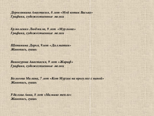                          Деревянкина Анастасия, 8 лет «Мой котик Васька» Графика, художественные мелки   Ермоленко Людмила, 9 лет «Мурлыка» Графика, художественные мелки   Щетинина Дарья, 9лет «Далматин» Живопись, гуашь   Винокурова Анастасия, 9 лет «Жираф» Графика, художественные мелки   Бологова Милана, 7 лет «Кот Мурзик на прогулке с папой» Живопись, гуашь   Удалова Анна, 8 лет «Мамино тепло» Живопись, гуашь         