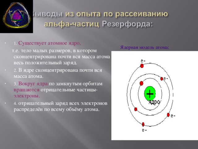 1.  Существует атомное ядро,   т.е. тело малых размеров, в котором сконцентрирована почти вся масса атома и весь положительный заряд. 2. В ядре сконцентрирована почти вся масса атома. 3.  Вокруг ядра по замкнутым орбитам вращаются отрицательные частицы- электроны.  4. отрицательный заряд всех электронов распределён по всему объёму атома.   Ядерная модель атома: 
