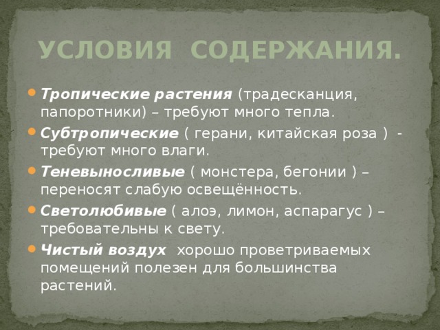 Условия содержания. Тропические растения (традесканция, папоротники) – требуют много тепла. Субтропические ( герани, китайская роза ) - требуют много влаги. Теневыносливые ( монстера, бегонии ) – переносят слабую освещённость. Светолюбивые ( алоэ, лимон, аспарагус ) – требовательны к свету. Чистый воздух хорошо проветриваемых помещений полезен для большинства растений. 