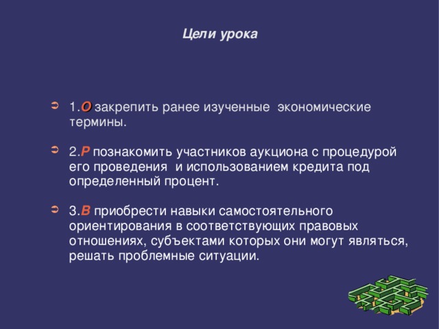 Цели урока 1. О закрепить ранее изученные экономические термины. 2 . Р познакомить участников аукциона с процедурой его проведения и использованием кредита под определенный процент. 3. В  приобрести навыки самостоятельного ориентирования в соответствующих правовых отношениях, субъектами которых они могут являться, решать проблемные ситуации. 