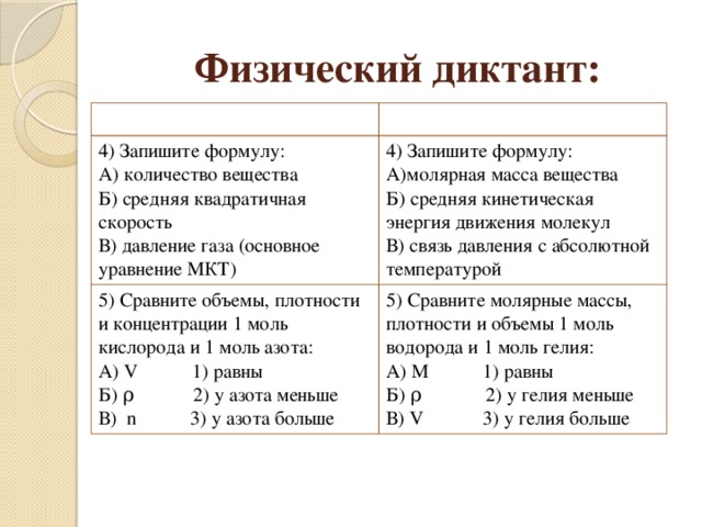 Физический диктант: Вариант 1 Вариант 2 4) Запишите формулу: А) количество вещества 4) Запишите формулу: 5) Сравните объемы, плотности и концентрации 1 моль кислорода и 1 моль азота: А) V 1) равны Б) средняя квадратичная скорость А)молярная масса вещества 5) Сравните молярные массы, плотности и объемы 1 моль водорода и 1 моль гелия: А) М 1) равны Б) средняя кинетическая энергия движения молекул Б) ρ 2) у азота меньше В) давление газа (основное уравнение МКТ) В) n 3) у азота больше В) связь давления с абсолютной температурой Б) ρ 2) у гелия меньше В) V 3) у гелия больше 