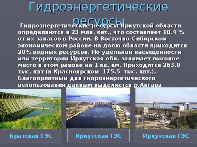 Гидроэнергетические ресурсы  Гидроэнергетические ресурсы Иркутской области определяются в 23 млн. квт., что составляет 10.4 % от их запасов в России. В Восточно-Сибирском экономическом районе на долю области приходится 20% водных ресурсов. По удельной насыщенности или территории Иркутская обл. занимает высокое место в этом районе на 1 кв. км. Приходится 263.0 тыс. квт (в Красноярском 175.5 тыс. квт.). Благоприятным для гидроэнергетического использования данным выделяется р.Ангара  Братская ГЭС Иркутская ГЭС Иркутская ГЭС 