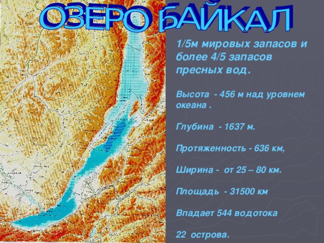 1/5м мировых запасов и более 4/5 запасов пресных вод.  Высота - 456 м над уровнем океана .  Глубина - 1637 м.  Протяженность - 636 км,  Ширина - от 25 – 80 км.  Площадь - 31500 км  Впадает 544 водотока  22 острова. 