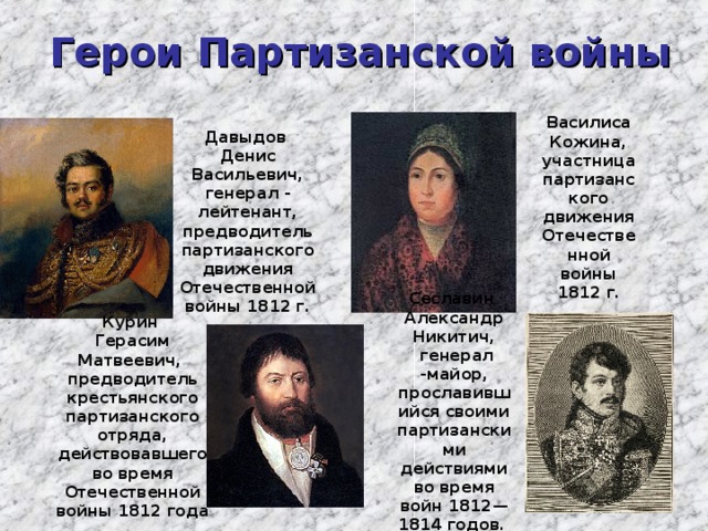  Герои Партизанской войны Василиса Кожина, участница партизанского движения Отечественной войны 1812 г.  Давыдов Денис Васильевич, генерал - лейтенант, предводитель партизанского движения Отечественной войны 1812 г. Сеславин Александр Никитич,   генерал -майор, прославившийся своими партизанскими действиями во время войн 1812—1814 годов.  Курин Герасим Матвеевич, предводитель крестьянского партизанского отряда, действовавшего во время Отечественной войны 1812 года  