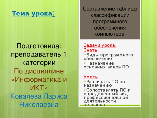 Составление таблицы классификации программного обеспечения компьютера. Тема урока : Подготовила: преподаватель 1 категории По дисциплине «Информатика и ИКТ» Ковалева Лариса Николаевна Задачи урока: Знать Виды программного обеспечения Назначение основных видов ПО  Уметь Различать ПО по назначению Сопоставлять ПО и определенный вид профессиональной деятельности человека  