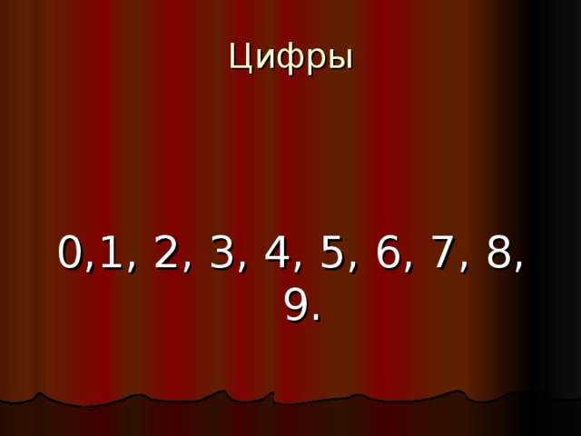 Цифры 0,1, 2, 3, 4, 5, 6, 7, 8, 9. 