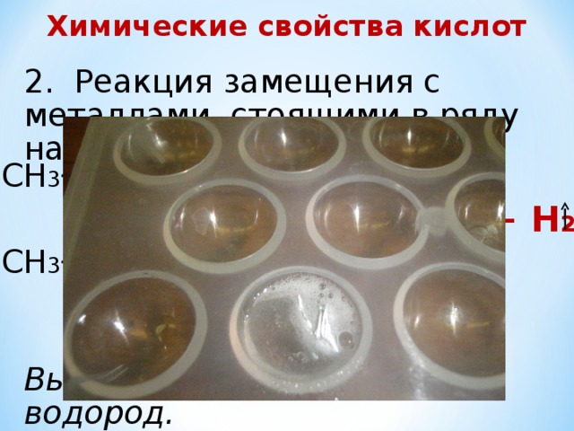 Химические свойства кислот 2. Реакция замещения с металлами, стоящими в ряду напряжения до Н О О CH 3 CH 3  С  С О ОН + Mg + Н 2 Mg О ОН CH 3 CH 3  С  С О О ацетат магния Выделяется газ водород. 