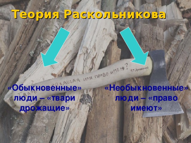 Теория Раскольникова «Обыкновенные» люди – «твари дрожащие» «Необыкновенные» люди – «право имеют» 