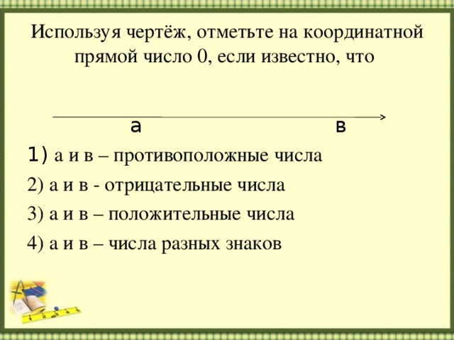Используя чертёж, отметьте на координатной прямой число 0, если известно, что  а в 1) а и в – противоположные числа 2) а и в - отрицательные числа 3) а и в – положительные числа 4) а и в – числа разных знаков 