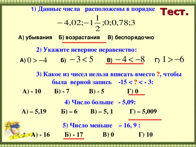 1 ) Данные числа расположены в порядке Тест. А) убывания Б) возрастания В) беспорядочно 2) Укажите неверное неравенство:  А) Б) В) Г)  3) Какое из чисел нельзя вписать вместо ? , чтобы была верной запись -15  ?  : А) - 10 Б) - 7 В) - 5 Г) 0  4) Число больше - 5,09: А) – 5 ,19 Б) – 6 В) – 5, 1 Г) – 5,009  5) Число меньше – 16, 9 : А) - 16 Б) - 17 В) 0 Г) 10  