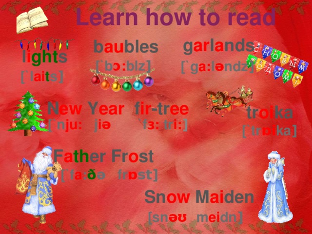 Learn how to read g ar l a nds b au bles l i ght s [`b ɔ : blz ] [`g a: l ə ndz ] [`l ai t s ] N ew Y ear f ir -tr ee tr oi ka [`n ju: j iə `f ɜ: tr i: ] [`tr ɒi ka ] F a th er Fr o st Допрлнительные материалыЗаготовки для гирлянды, кроссворд [`f a : ð ə fr ɒ st] Sn ow M ai den [sn əʊ m ei dn ]  
