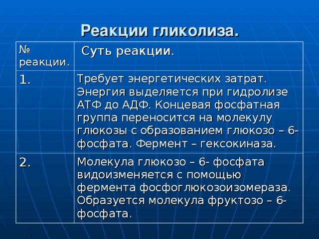 Реакции гликолиза. № реакции.  Суть реакции. 1. Требует энергетических затрат. Энергия выделяется при гидролизе АТФ до АДФ. Концевая фосфатная группа переносится на молекулу глюкозы с образованием глюкозо – 6- фосфата. Фермент – гексокиназа. 2. Молекула глюкозо – 6- фосфата видоизменяется с помощью фермента фосфоглюкозоизомераза. Образуется молекула фруктозо – 6- фосфата. 