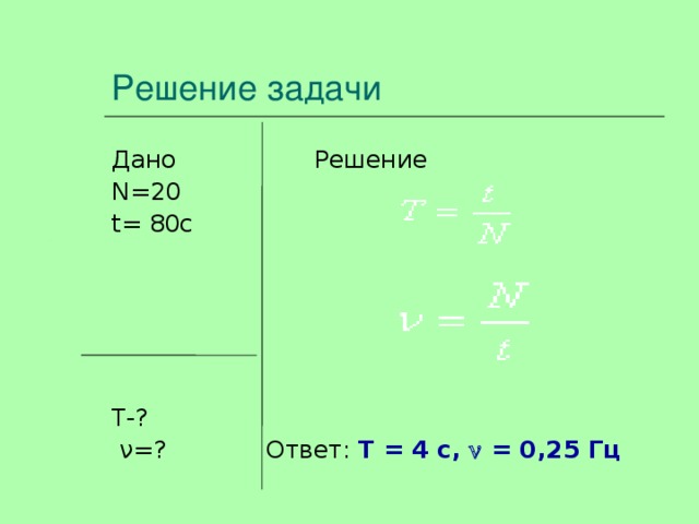 Решение задачи Дано Решение N =20 t = 80с T -?  ν=? Ответ: Т = 4 с,  = 0,25 Гц 