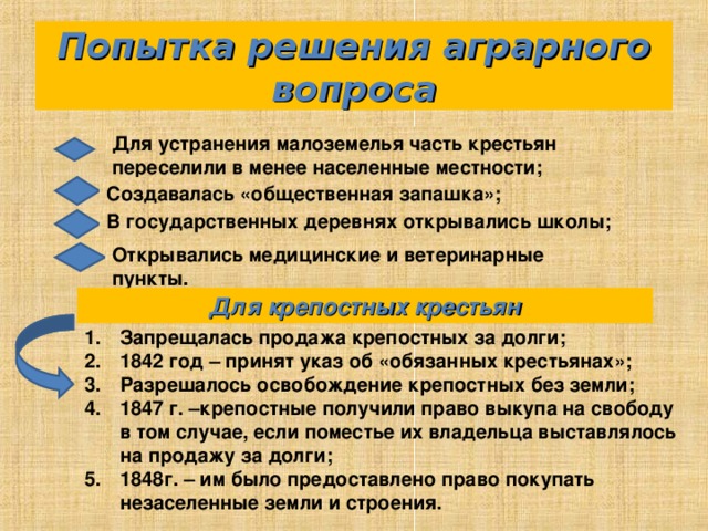 Попытка решения аграрного вопроса Для устранения малоземелья часть крестьян переселили в менее населенные местности; Создавалась «общественная запашка»; В государственных деревнях открывались школы; Открывались медицинские и ветеринарные пункты. Для крепостных крестьян Запрещалась продажа крепостных за долги; 1842 год – принят указ об «обязанных крестьянах»; Разрешалось освобождение крепостных без земли; 1847 г. –крепостные получили право выкупа на свободу в том случае, если поместье их владельца выставлялось на продажу за долги; 1848г. – им было предоставлено право покупать незаселенные земли и строения. 