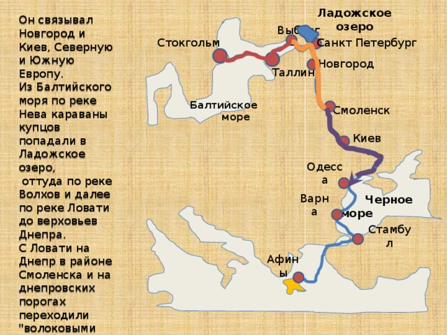 Он связывал Новгород и Киев, Северную и Южную Европу. Из Балтийского моря по реке Нева караваны купцов попадали в Ладожское озеро,  оттуда по реке Волхов и далее по реке Ловати до верховьев Днепра. С Ловати на Днепр в районе Смоленска и на днепровских порогах переходили 