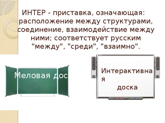 ИНТЕР  - приставка, означающая: расположение между структурами, соединение, взаимодействие между ними; соответствует русским 