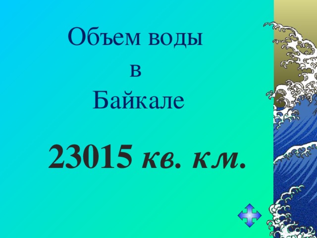Объем воды  в  Байкале 23015 кв. км. 