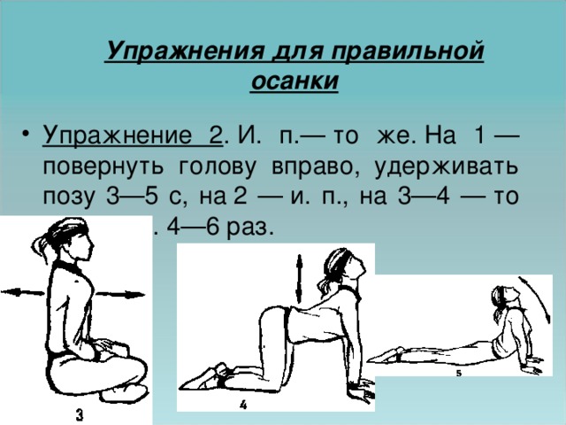 Упражнения для правильной осанки Упражнение 2 . И. п.— то же. На 1 — повернуть голову вправо, удерживать позу 3—5 с, на 2 — и. п., на 3—4 — то же влево. 4—6 раз. 