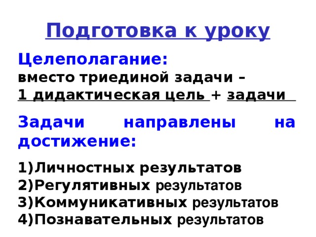 Подготовка к уроку Целеполагание: вместо триединой задачи – 1 дидактическая цель + задачи  Задачи направлены на достижение: Личностных результатов Регулятивных результатов Коммуникативных результатов Познавательных результатов  