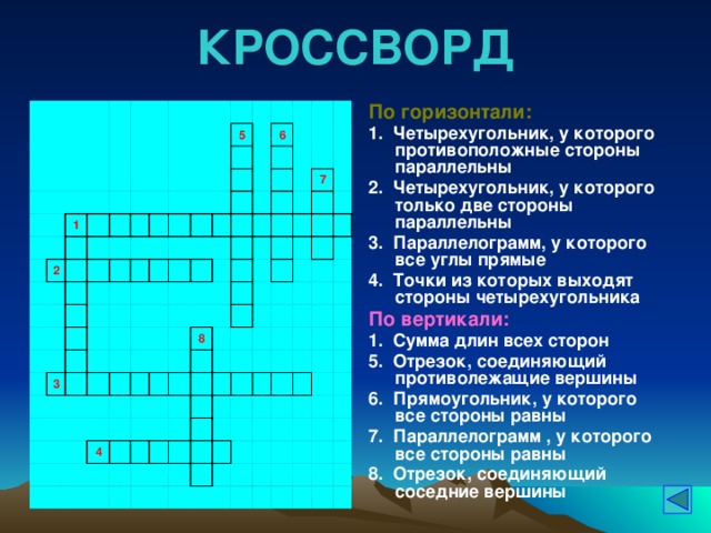 КРОССВОРД По горизонтали: 1. Четырехугольник, у которого противоположные стороны параллельны 2. Четырехугольник, у которого только две стороны параллельны 3. Параллелограмм, у которого все углы прямые 4. Точки из которых выходят стороны четырехугольника По вертикали: 1. Сумма длин всех сторон 5. Отрезок, соединяющий противолежащие вершины 6. Прямоугольник, у которого все стороны равны 7. Параллелограмм , у которого все стороны равны 8. Отрезок, соединяющий соседние вершины                                                           1                         2                                                                   5                                               3     6                                                                                                                         7         8         4                                                                                                                                                                                                                                   