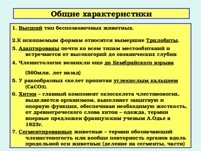 Общие характеристики 1. Высший тип беспозвоночных животных.    2.К ископаемым формам относятся вымершие Трилобиты .  3. Адаптированы почти ко всем типам местообитаний и встречаются от высокогорий до океанических глубин 4. Членистологие возникли еще до Кембрийского взрыва (560млн. лет назад)  5. У ракообразных скелет пропитан углекислым кальцием (СаСО 3). 6. Хитин – главный компонент экзоскелета члестиноногих, выделяется организмом, выполняет защитную и опорную функции, обеспечивая необходимую жесткость, от древнегреческого слова хитон – одежда, термин впервые предложен французским ученым А.Одье в 1823г. 7. Сегментированные животные – термин обозначающий членистоногость или вообще повторность органов вдоль продольной оси животных (деление на сегменты, части) 