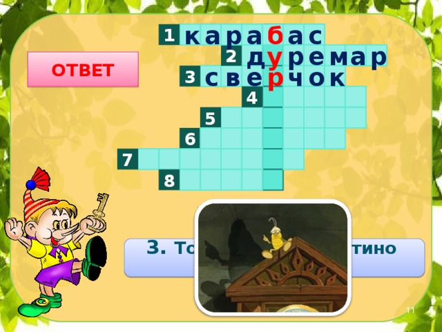 к р а б а с 1 а д 2 р а м е р у ОТВЕТ с к ч р о в 3 е 4 5 6 7 8 3. Тот, кто дал Буратино мудрый совет .  