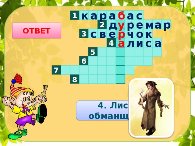 а р а к а с б 1 е м а р д 2 у р ОТВЕТ в е о к ч 3 р с а л с и 4 а 5 6 7 8 4. Лиса – обманщица.  