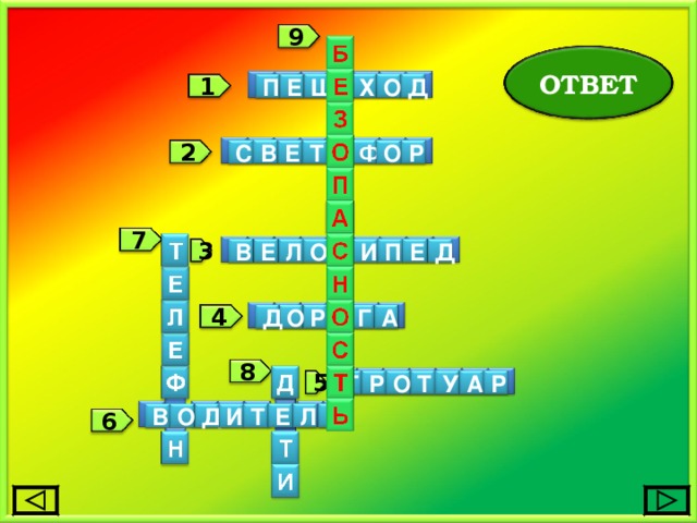 9 ОТВЕТ Ш Х О Д Е П Е 1 В Е Т С О Ф О Р 2 7 Л П О Е Е В И С Д 3 Д О Г А Р О 4 8 Р О Т Р У А Т 5 Л Е Ь В Т И Д О 6 