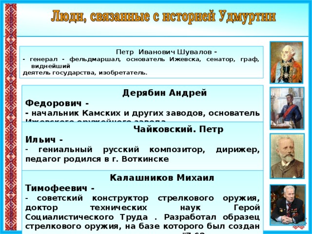  Петр Иванович Шувалов - - генерал - фельдмаршал, основатель Ижевска, сенатор, граф, виднейший деятель государства, изобретатель.  Дерябин Андрей Федорович - - начальник Камских и других заводов, основатель Ижевского оружейного завода   Чайковский. Петр Ильич -  гениальный русский композитор, дирижер, педагог родился в г. Воткинске     Калашников Михаил Тимофеевич -  советский конструктор стрелкового оружия, доктор технических наук Герой Социалистического Труда . Разработал образец стрелкового оружия, на базе которого был создан автомат под названием 