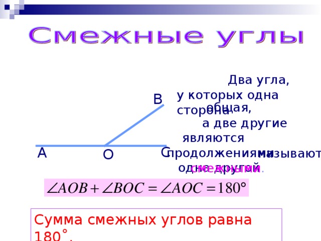  Два угла, у которых одна сторона  B общая,  а две другие  являются продолжениями  одна другой C A O  называются  смежными . Сумма смежных углов равна 180˚. 
