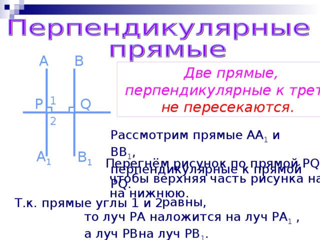 A B  Две прямые,  перпендикулярные к третьей,  не пересекаются. 1 P Q 2 Рассмотрим прямые AA 1 и BB 1 , перпендикулярные к прямой PQ. A 1 B 1 Перегнём рисунок по прямой PQ так,  чтобы верхняя часть рисунка наложилась  на нижнюю.  равны,  то луч PA наложится на луч PA 1 ,  а луч PBна луч PB 1 . Т.к. прямые углы 1 и 2 