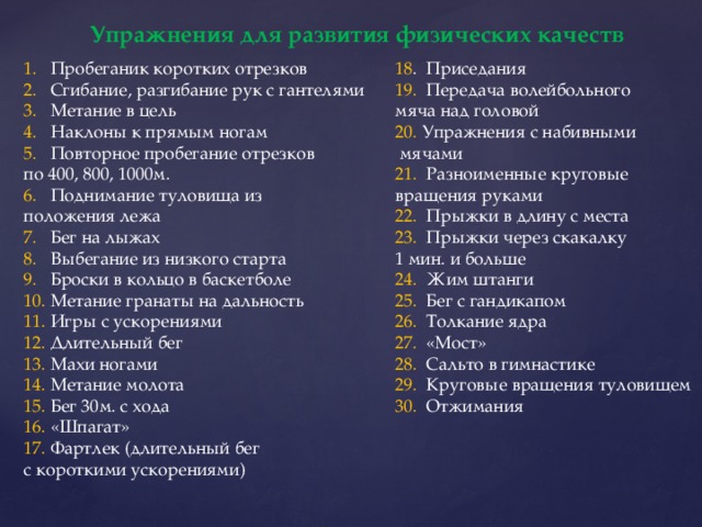 Упражнения для развития физических качеств 18 . Приседания 1. Пробеганик коротких отрезков 2. Сгибание, разгибание рук с гантелями 19. Передача волейбольного 3. Метание в цель мяча над головой 20. Упражнения с набивными 4. Наклоны к прямым ногам 5. Повторное пробегание отрезков  мячами по 400, 800, 1000м. 21. Разноименные круговые вращения руками 6. Поднимание туловища из 22. Прыжки в длину с места положения лежа 23. Прыжки через скакалку 7. Бег на лыжах 1 мин. и больше 8. Выбегание из низкого старта 24. Жим штанги 9. Броски в кольцо в баскетболе 10. Метание гранаты на дальность 25. Бег с гандикапом 11. Игры с ускорениями 26. Толкание ядра 12. Длительный бег 27. «Мост» 13. Махи ногами 28. Сальто в гимнастике 14. Метание молота 29. Круговые вращения туловищем 30. Отжимания 15. Бег 30м. с хода 16. «Шпагат» 17. Фартлек (длительный бег с короткими ускорениями) 