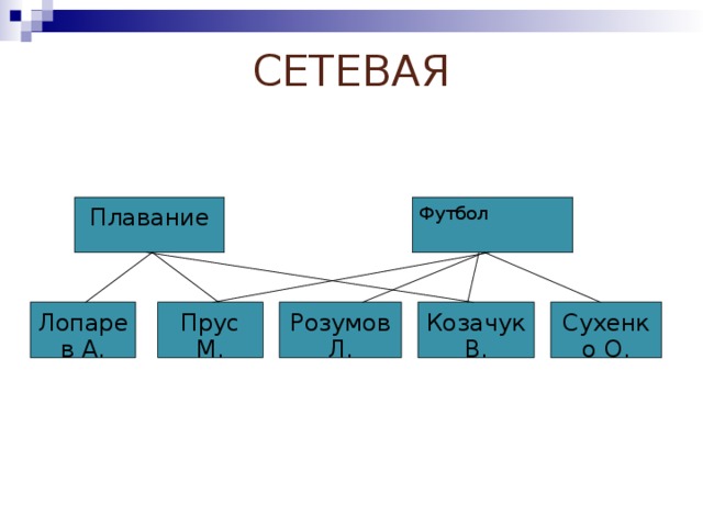 СЕТЕВАЯ Футбол Плавание Розумов Л. Козачук В. Сухенко О. Прус М. Лопарев А.  