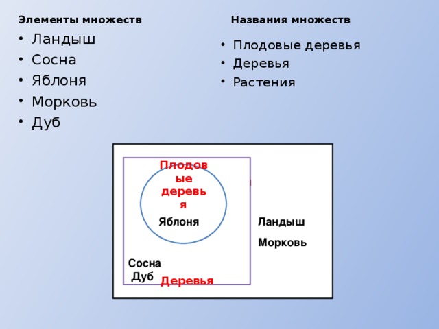 Элементы множеств Названия множеств Ландыш Сосна Яблоня Морковь Дуб Плодовые деревья Деревья Растения  Растения  Деревья    Плодовые деревья Ландыш Яблоня Морковь Сосна Дуб 