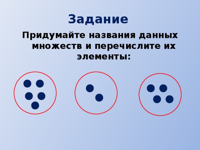 Задание  Придумайте названия данных множеств и перечислите их элементы: 