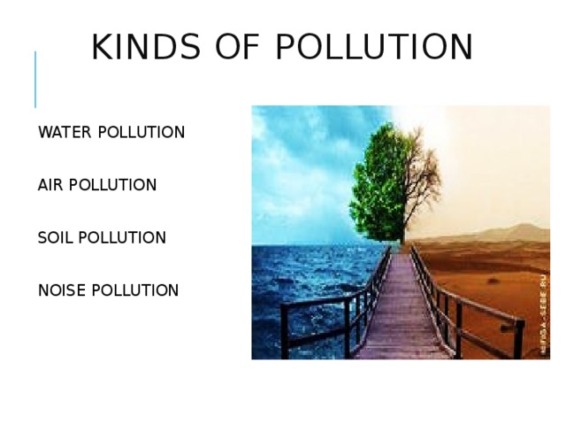 Kinds of pollution WATER POLLUTION AIR POLLUTION SOIL POLLUTION NOISE POLLUTION 