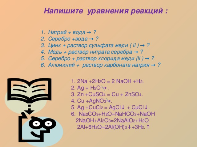  Напишите уравнения реакций : Натрий + вода → ? Серебро +вода → ? Цинк + раствор сульфата меди ( ll ) → ? Медь + раствор нитрата серебра → ? Серебро + раствор хлорида меди ( ll ) → ? Алюминий +  раствор карбоната натрия → ? 1. 2Na +2H 2 O = 2 NaOH +H 2 . 2. Ag + H 2 O → . 3. Zn +CuSO 4 = Cu + ZnSO 4 . 4. Cu +AgNO 3 →. 5. Ag +CuCl 2 = AgCl↓ + CuCl↓. 6.  Na 2 CO 3 +H 2 O=NaHCO 3 +NaOH  2NaOH+Al 2 O 3 =2NaAlO 2 +H 2 O  2Al+6H 2 O=2Al(OH) 3 ↓+3H 2 .↑ 