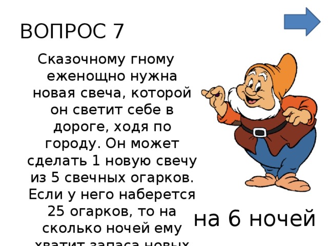 ВОПРОС 7 Сказочному гному еженощно нужна новая свеча, которой он светит себе в дороге, ходя по городу. Он может сделать 1 новую свечу из 5 свечных огарков. Если у него наберется 25 огарков, то на сколько ночей ему хватит запаса новых свечей? на 6 ночей 