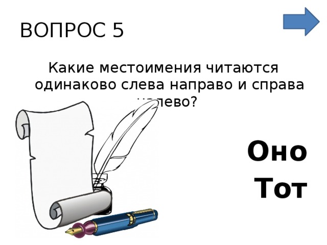 ВОПРОС 5 Какие местоимения читаются одинаково слева направо и справа налево?   Оно Тот 