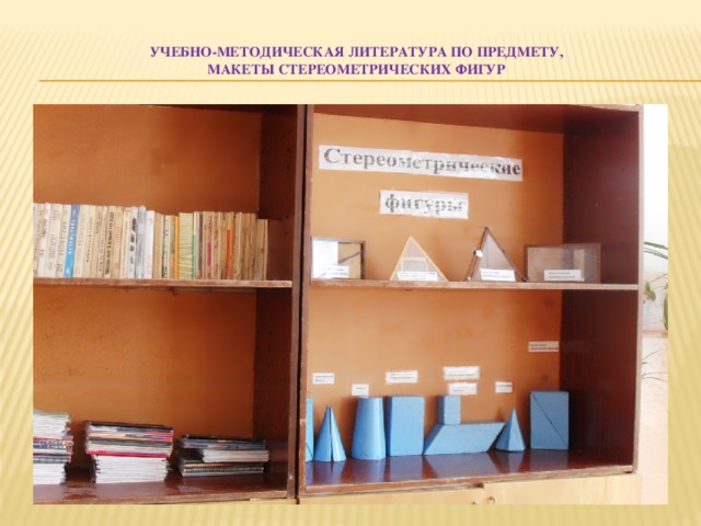 Учебно-Методическая литература по предмету,  макеты стереометрических фигур    