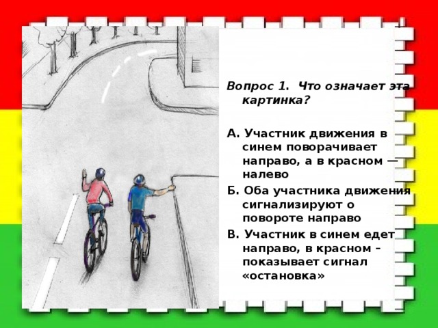 Вопрос 1. Что означает эта картинка?  A. Участник движения в синем поворачивает направо, а в красном — налево Б. Оба участника движения сигнализируют о повороте направо В. Участник в синем едет направо, в красном – показывает сигнал «остановка»  