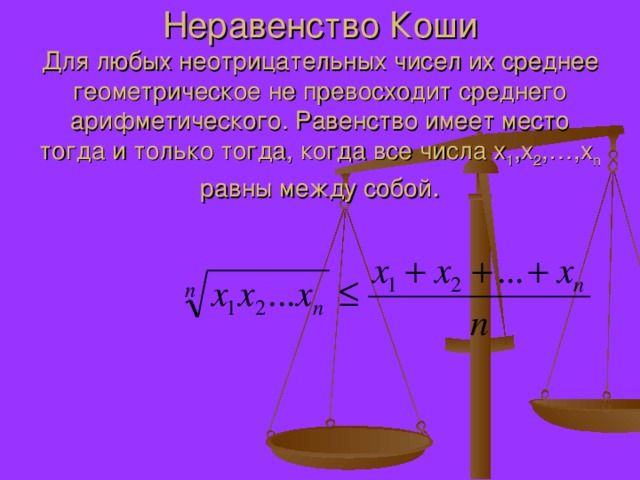   Неравенство Коши  Для любых неотрицательных чисел их среднее геометрическое не превосходит среднего арифметического. Равенство имеет место тогда и только тогда, когда все числа х 1 ,х 2 ,…,х n равны между собой . 