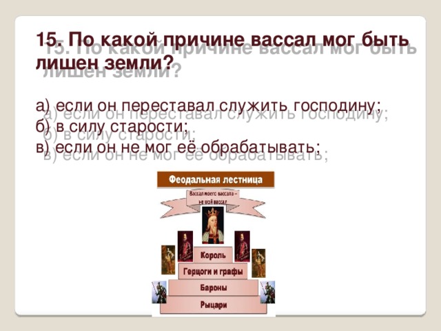 15. По какой причине вассал мог быть лишен земли?   а) если он переставал служить господину;  б) в силу старости;  в) если он не мог её обрабатывать;   