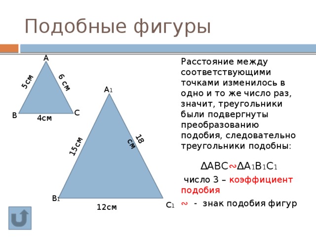 5см 15см 6 см 18 см Подобные фигуры А Расстояние между соответствующими точками изменилось в одно и то же число раз, значит, треугольники были подвергнуты преобразованию подобия, следовательно треугольники подобны: ∆ АВС ∾ ∆А 1 В 1 С 1  число 3 – коэффициент подобия ∾ -  знак подобия фигур А 1 С В 4см В 1 С 1 12см 