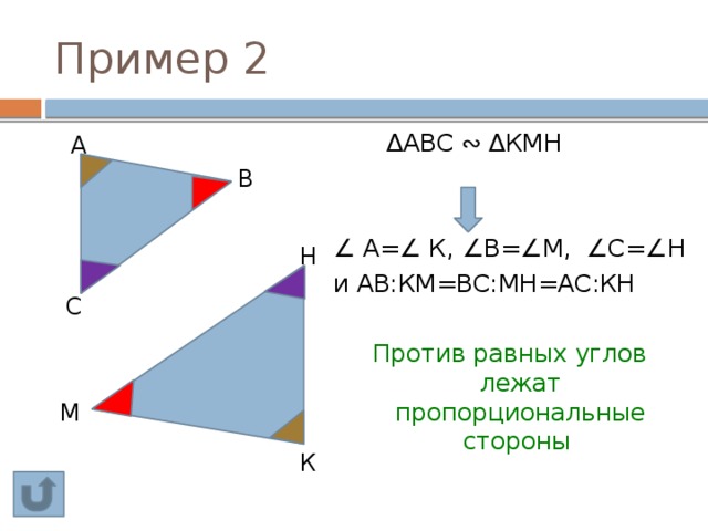 Пример 2 ∆ АВС ∾ ∆КМН ∠ А=∠ К, ∠В=∠М, ∠С=∠Н и АВ:КМ=ВС:МН=АС:КН Против равных углов лежат пропорциональные стороны А В Н С М К 