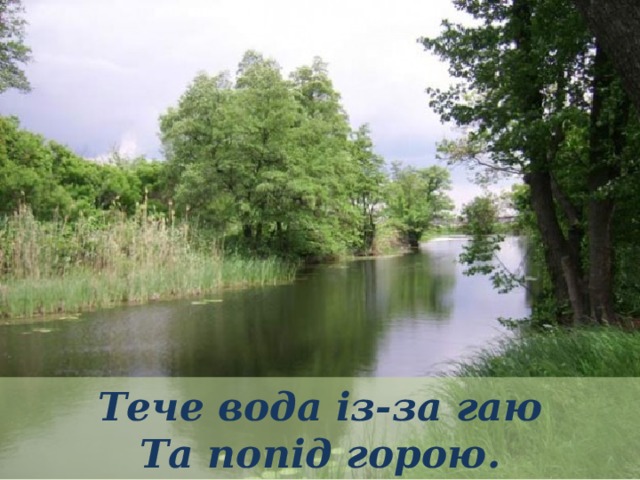 Тече вода із-за гаю  Та попід горою. 