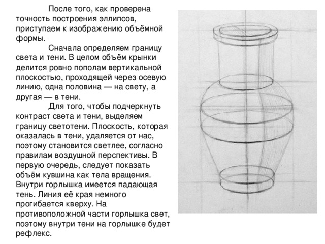  После того, как проверена точность построения эллипсов, приступаем к изображению объёмной формы.  Сначала определяем границу света и тени. В целом объём крынки делится ровно пополам вертикальной плоскостью, проходящей через осевую линию, одна половина — на свету, а другая — в тени.   Для того, чтобы подчеркнуть контраст света и тени, выделяем границу светотени. Плоскость, которая оказалась в тени, удаляется от нас, поэтому становится светлее, согласно правилам воздушной перспективы. В первую очередь, следует показать объём кувшина как тела вращения. Внутри горлышка имеется падающая тень. Линия её края немного прогибается кверху. На противоположной части горлышка свет, поэтому внутри тени на горлышке будет рефлекс. 